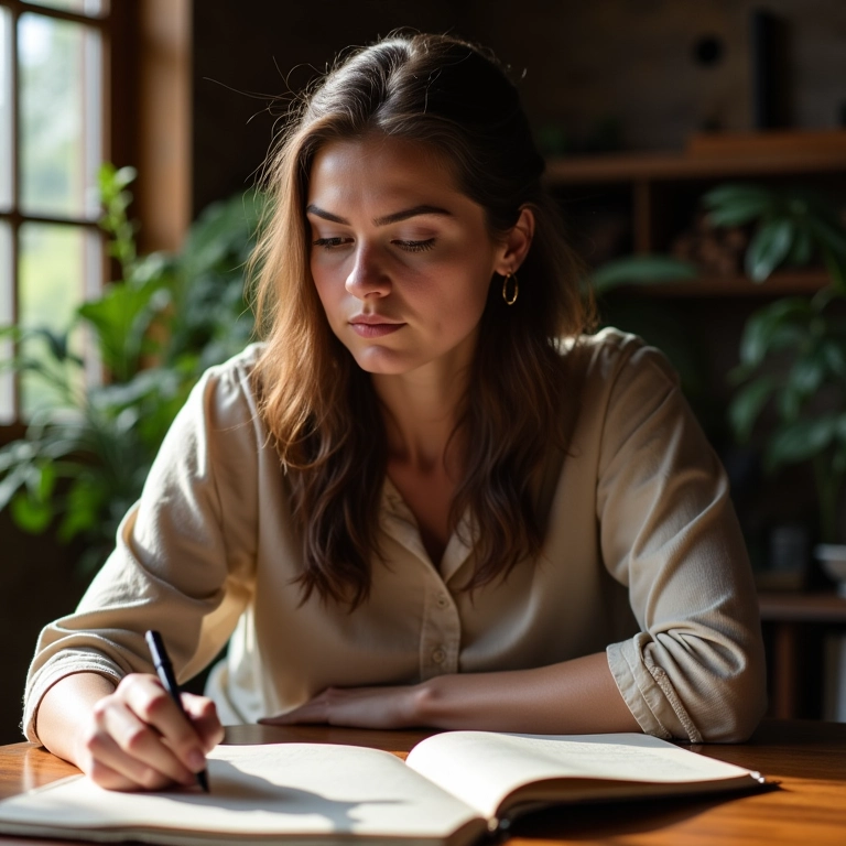 Mulher escrevendo sobre seus compromissos espirituais em um diário.
