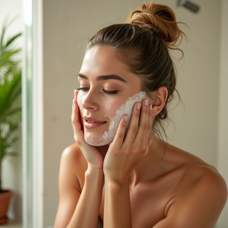 Mulher esfoliando a pele no chuveiro para preparar para o autobronzeador.