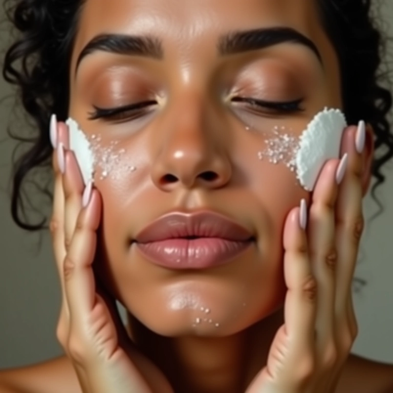 Mulher esfoliando o rosto suavemente com um produto esfoliante.