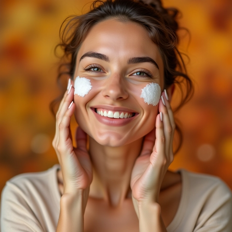 Mulher esfoliando o rosto suavemente com um produto esfoliante.