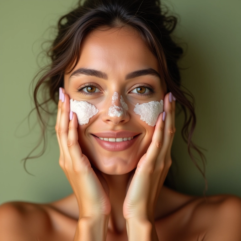 Mulher esfoliando o rosto suavemente.