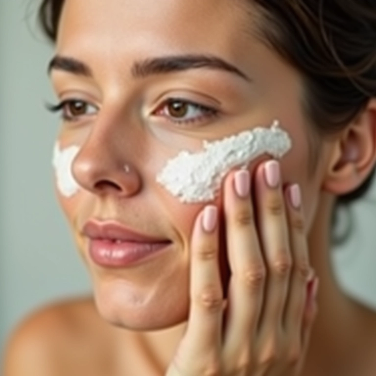 Mulher esfoliando suavemente o rosto com esfoliante facial para pele sensível.