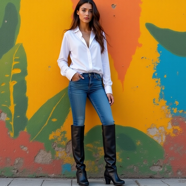 Mulher esguia com bota over the knee, jeans e camisa branca em parede colorida.
