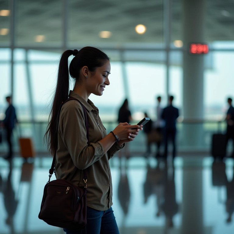 Mulher esperando em um portão de aeroporto durante uma conexão.