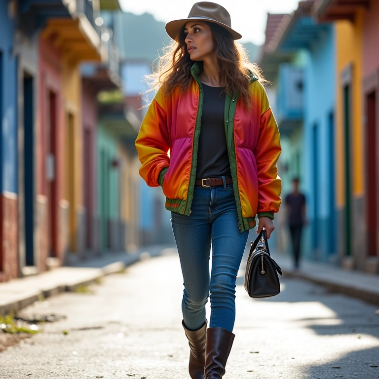 Mulher estilosa caminhando em rua brasileira com Chelsea boots, jeans e jaqueta colorida.