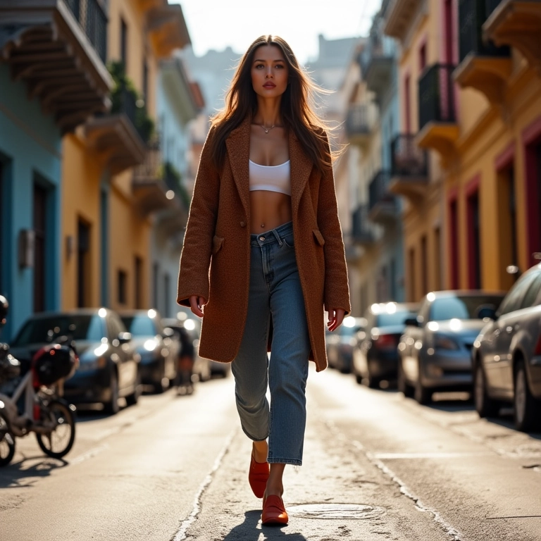 Mulher estilosa caminhando no Rio, mostrando sapatos tendência inverno 2025.