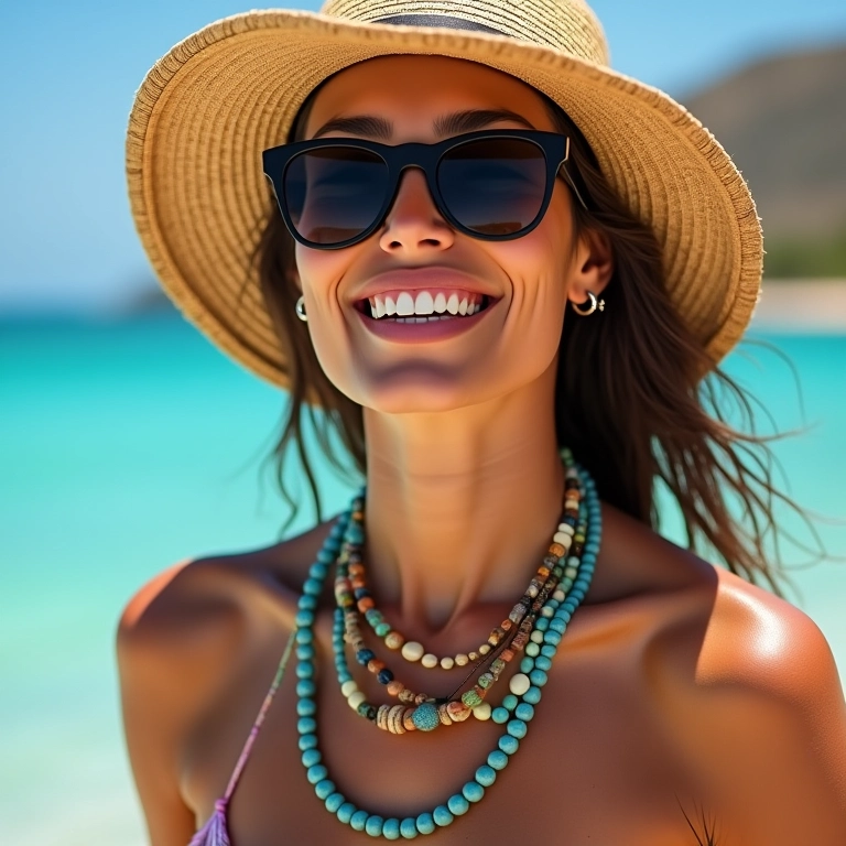 Mulher estilosa com acessórios de praia como óculos de sol, chapéu e colares.