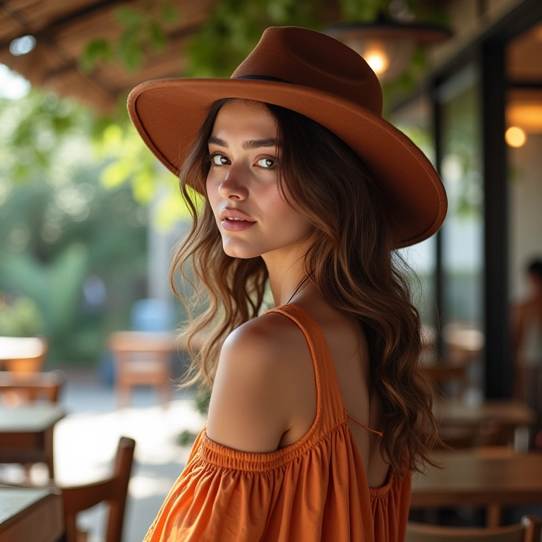 Mulher estilosa com chapéu Hatter e vestido fluido em café brasileiro ensolarado.