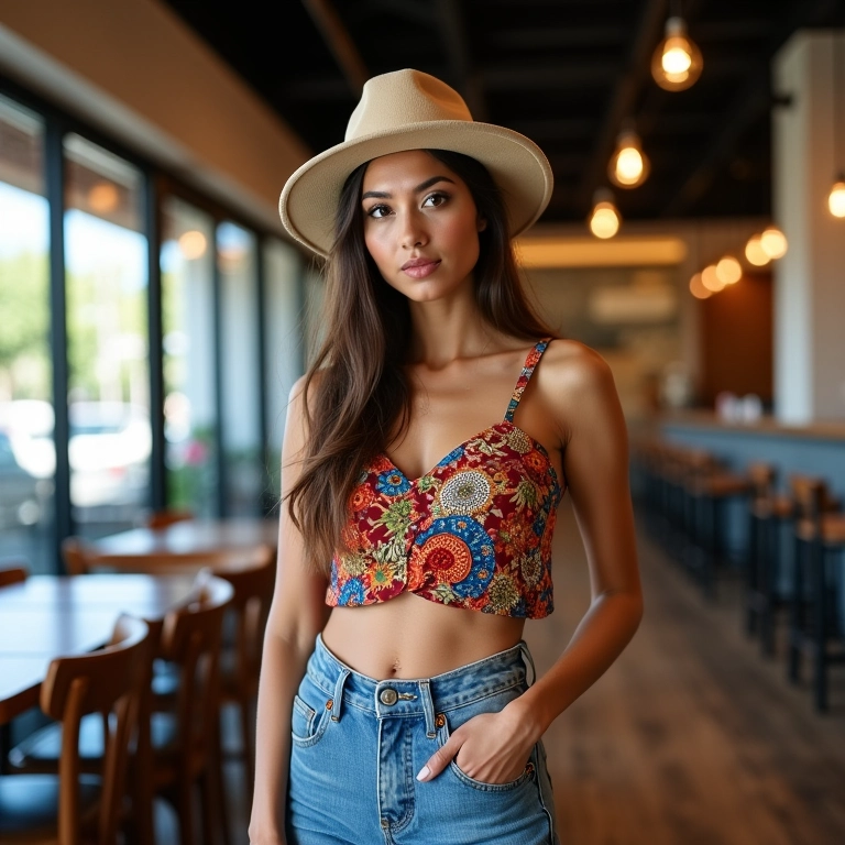 Mulher estilosa com chapéu pork pie em café brasileiro moderno.