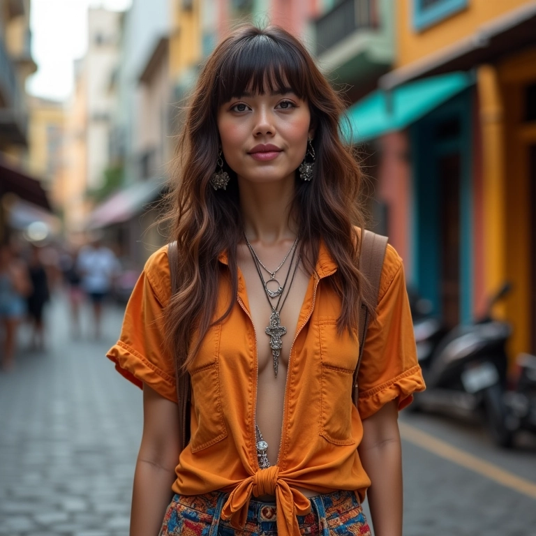 Mulher estilosa com franja cortina usando roupa boho-chic, em cenário urbano vibrante no Rio de Janeiro.