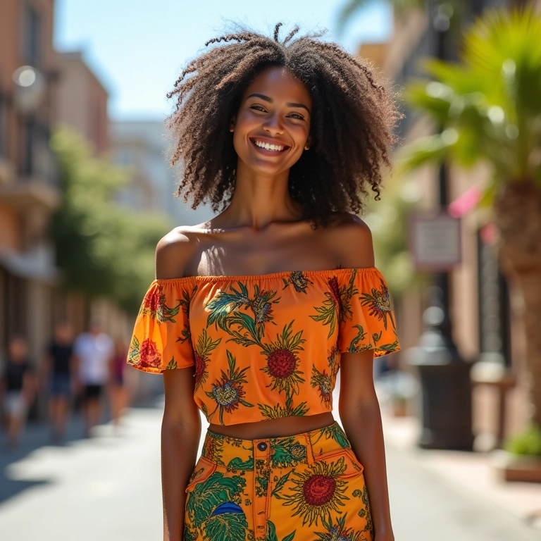 Mulher estilosa com roupa vibrante, sorrindo em ambiente urbano.