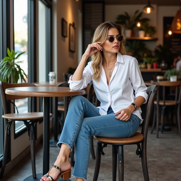 Mulher estilosa de jeans, camisa e anabela em café no Rio.