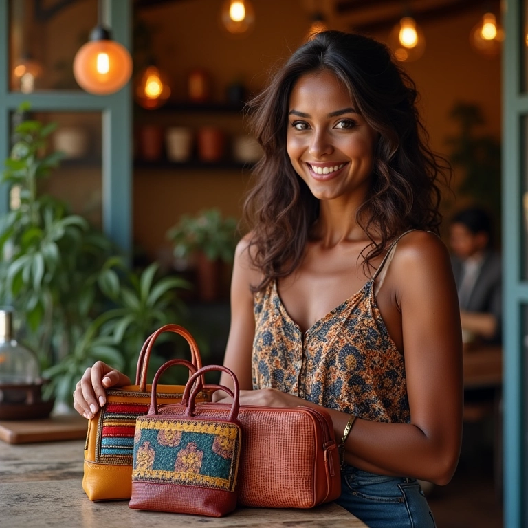 Mulher estilosa em café brasileiro exibe bolsas de designers nacionais.
