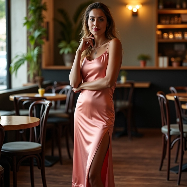 Mulher estilosa em slip dress de seda midi em um café charmoso no Rio de Janeiro.