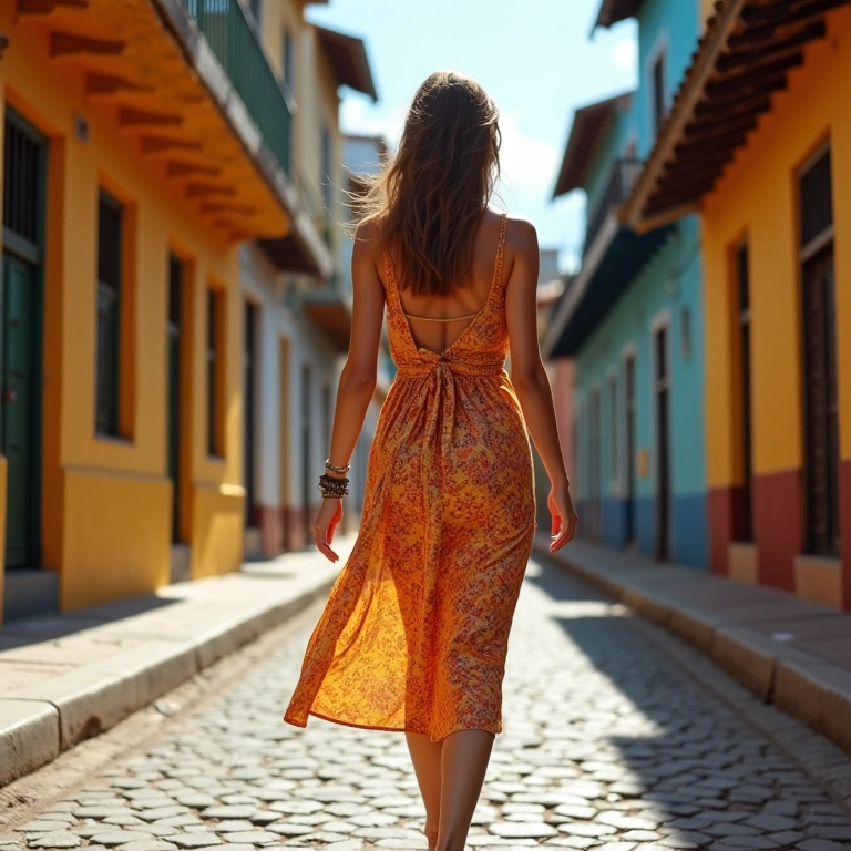 Mulher estilosa em vestido midi andando em rua brasileira.