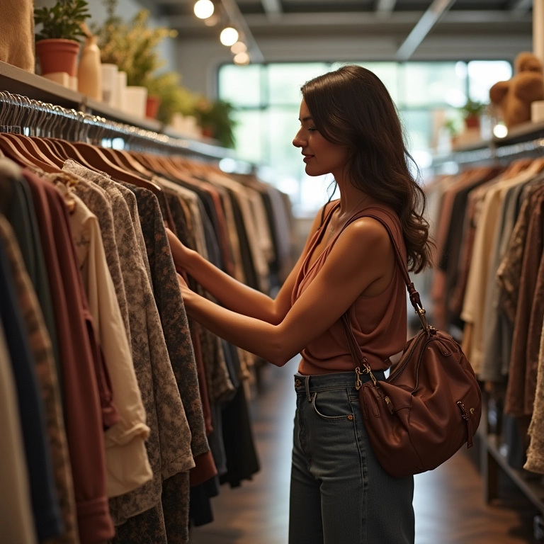 Mulher estilosa garimpando em brechó, encontrando tesouros da moda second hand.