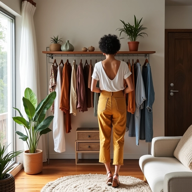 Mulher estilosa organizando guarda-roupa cápsula em apartamento brasileiro moderno e vibrante.