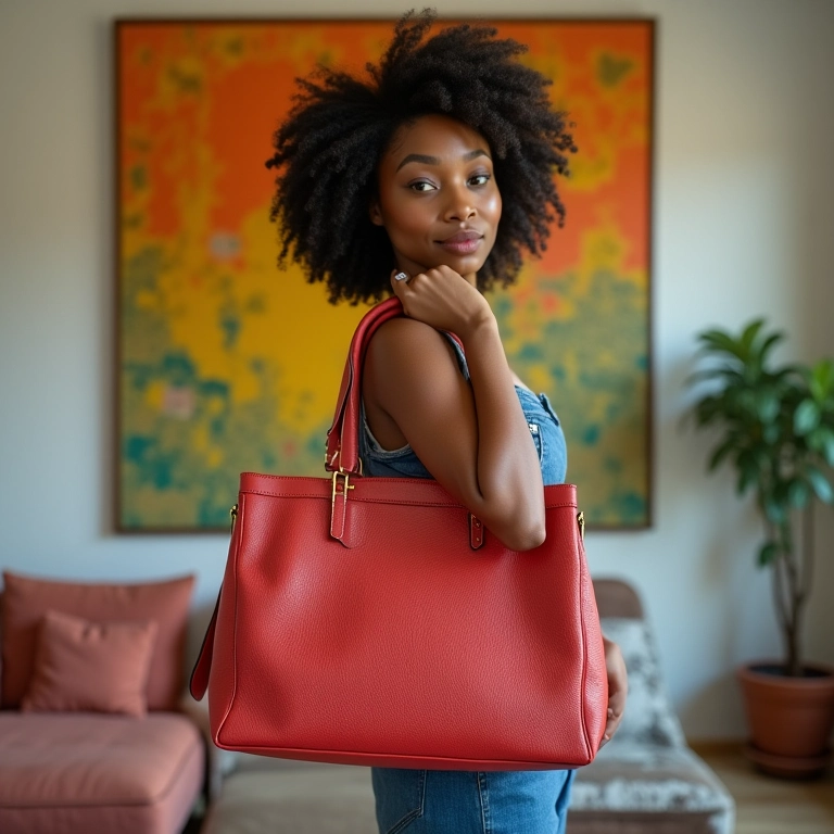 Mulher estilosa segura bolsa Schutz em apartamento moderno.