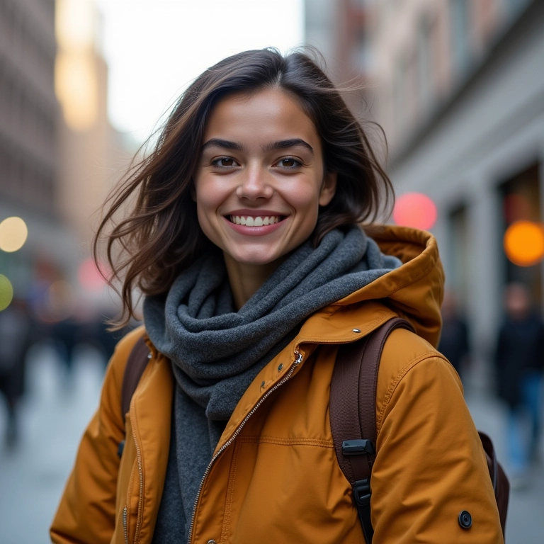 Mulher estilosa sorrindo usando uma parka em ambiente urbano.