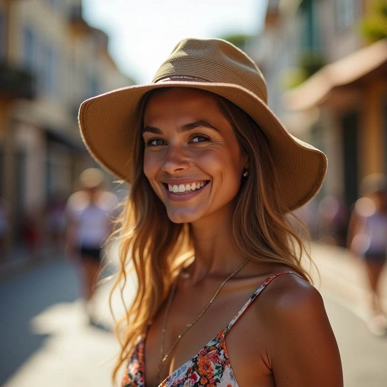 Mulher estilosa usando bucket hat em rua brasileira.