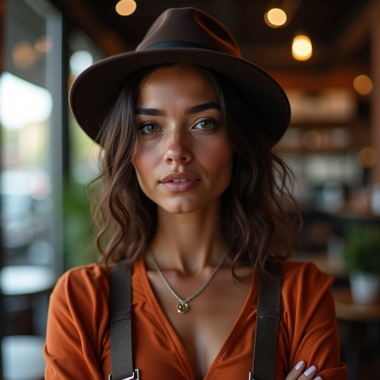 Mulher estilosa usando chapéu trilby em um café urbano.