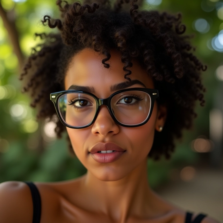 Mulher estilosa usando óculos de grau modernos em cenário brasileiro vibrante.