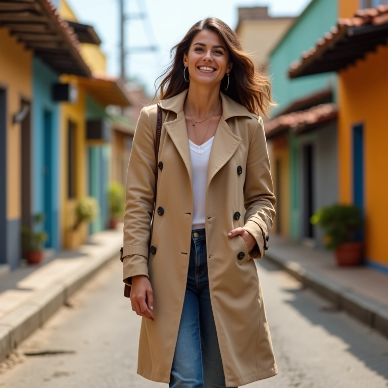 Mulher estilosa usando trench coat bege em rua vibrante do Brasil.