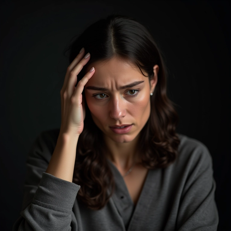 Mulher estressada coçando a cabeça com expressão preocupada.