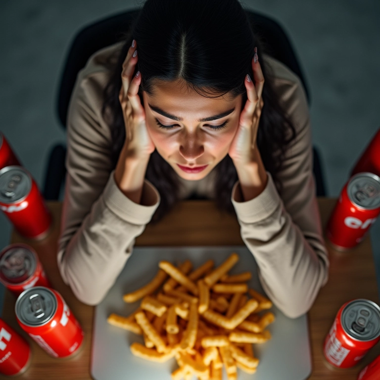 Mulher estressada com alimentação inadequada.