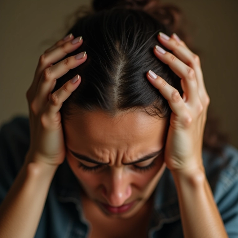 Mulher estressada com dermatite seborreica no couro cabeludo, expressando ansiedade e irritação.