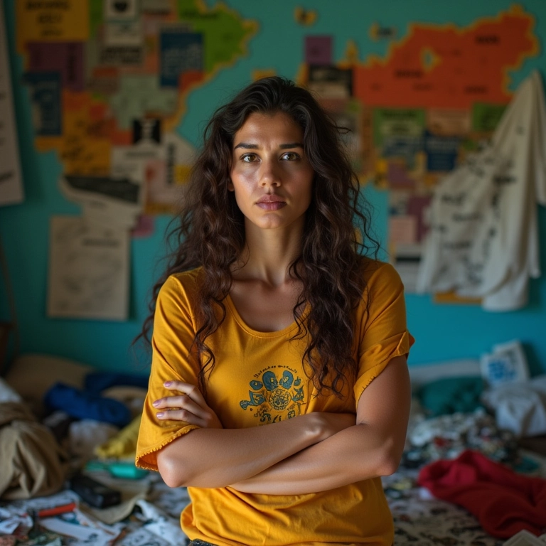 Mulher estressada em ambiente bagunçado, sobrecarga de responsabilidades.