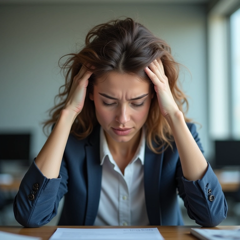 Mulher estressada no trabalho, simbolizando o estresse e ansiedade como causa da queda de cabelo.