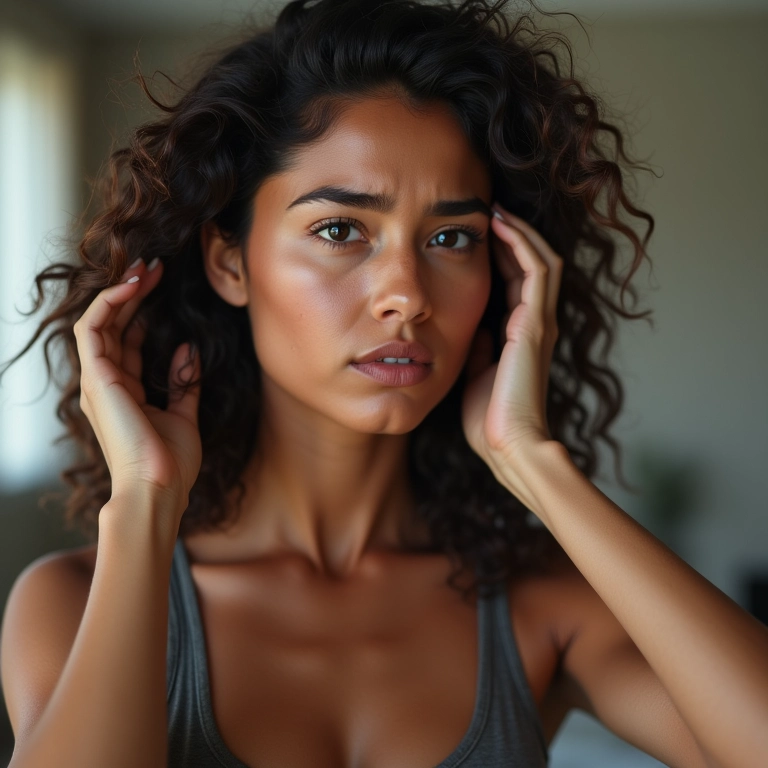 Mulher estressada preocupada com a oleosidade do cabelo.