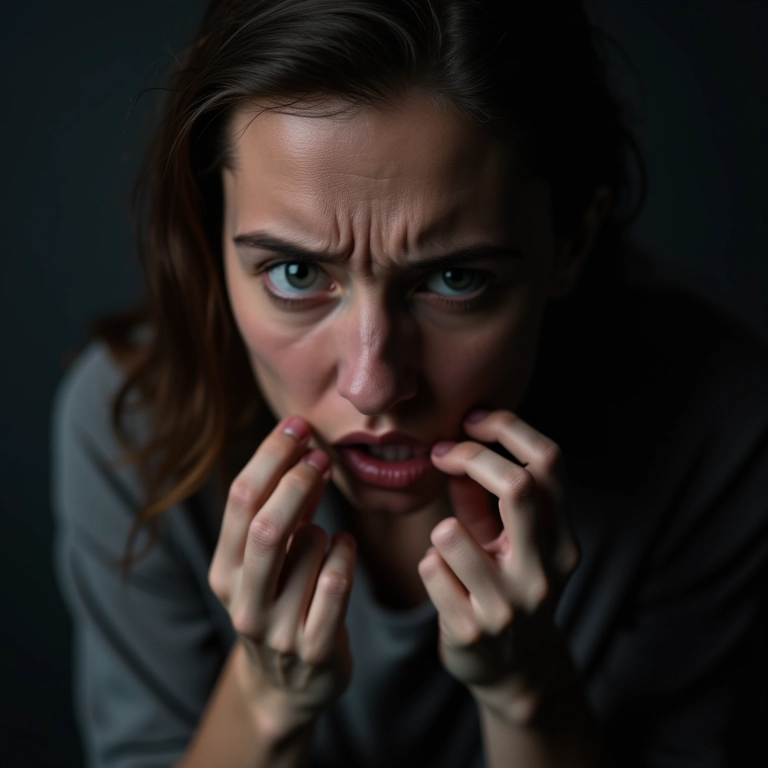 Mulher estressada roendo as unhas, expressão de ansiedade.