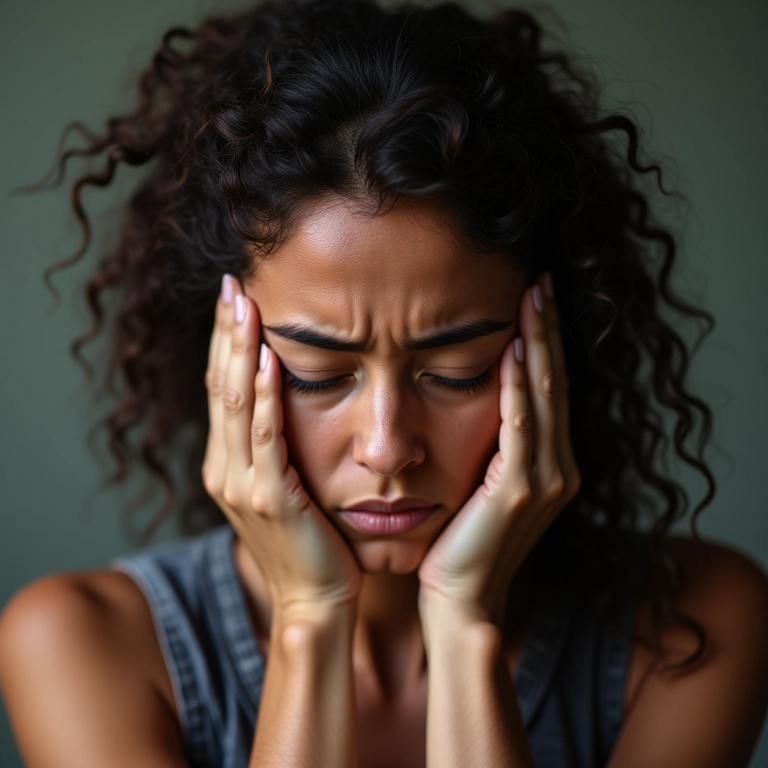 Mulher estressada segurando a cabeça com as mãos, representando o impacto do estresse na queda de cabelo.
