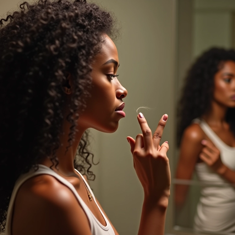 Mulher examinando a porosidade do cabelo no banheiro.