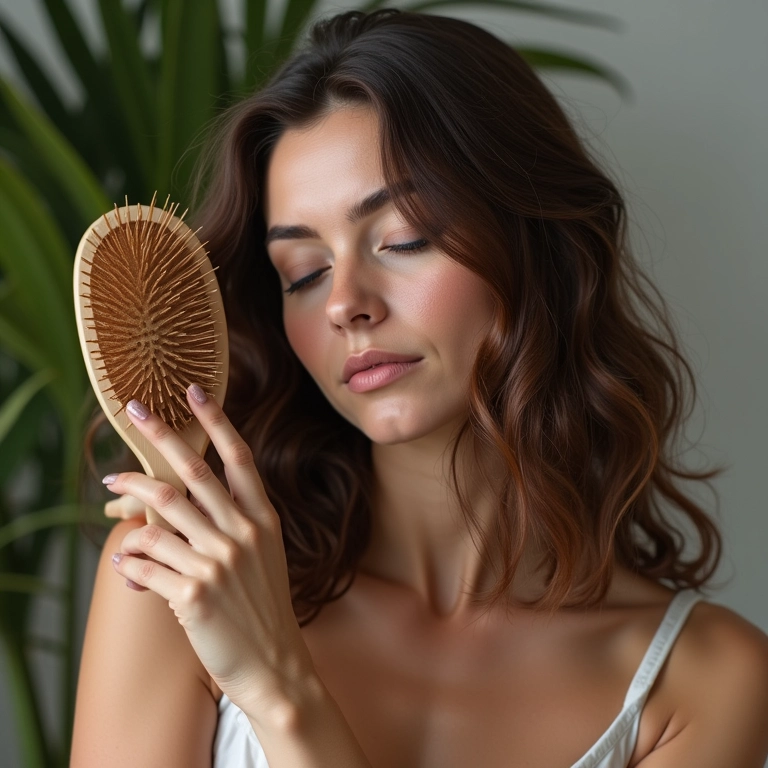 Mulher examinando escova de cabelo cheia de fios, representando alterações hormonais.