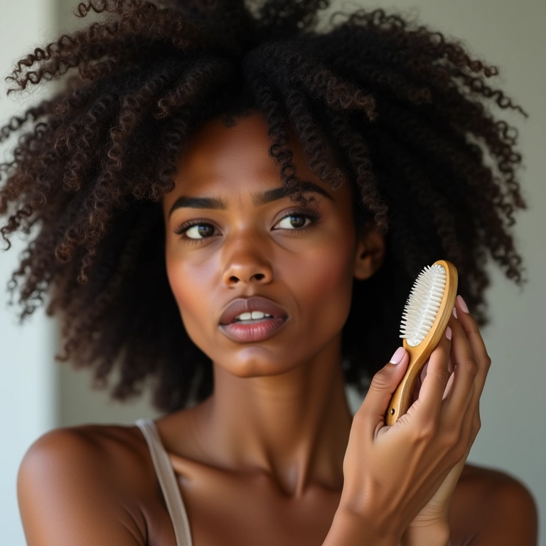 Mulher examinando escova de cabelo com excesso de fios caídos.