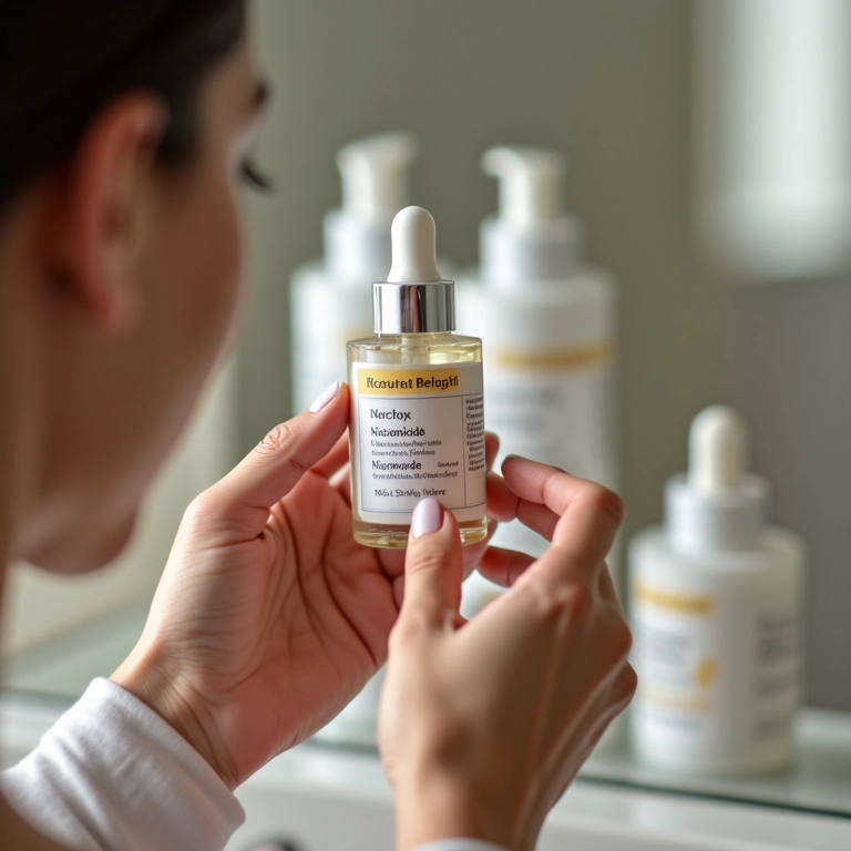 Mulher examinando frasco de sérum de Niacinamida.