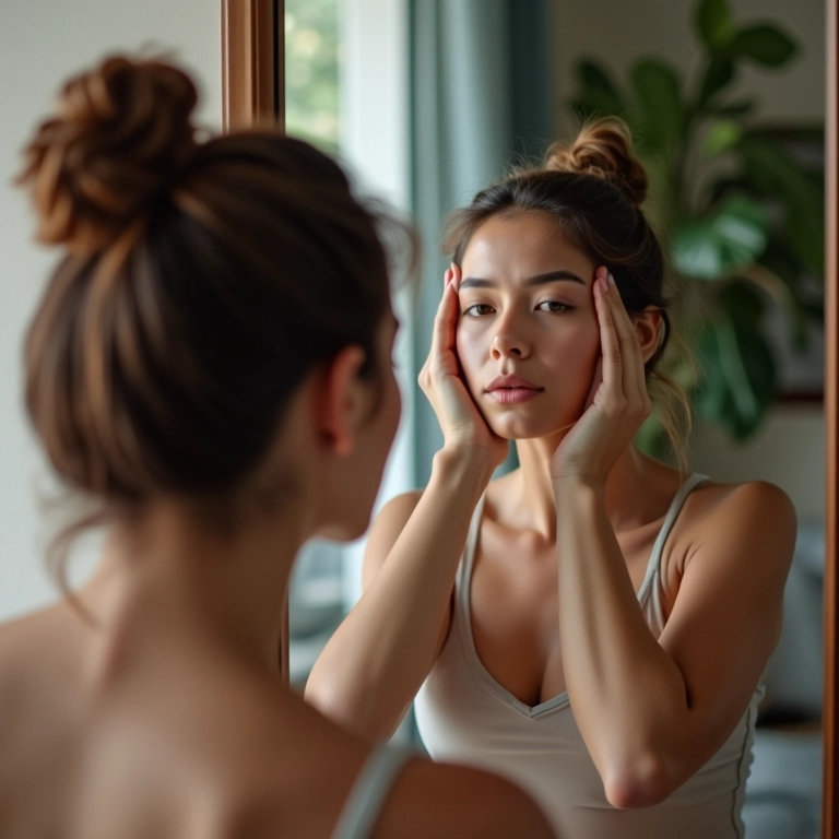 Mulher examinando o couro cabeludo de perto no espelho, representando problemas no couro cabeludo.