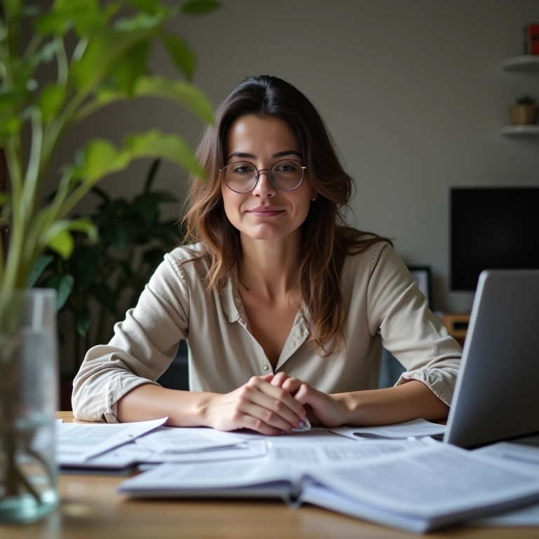 Mulher exausta em escritório doméstico desorganizado, refletindo o esgotamento mental.