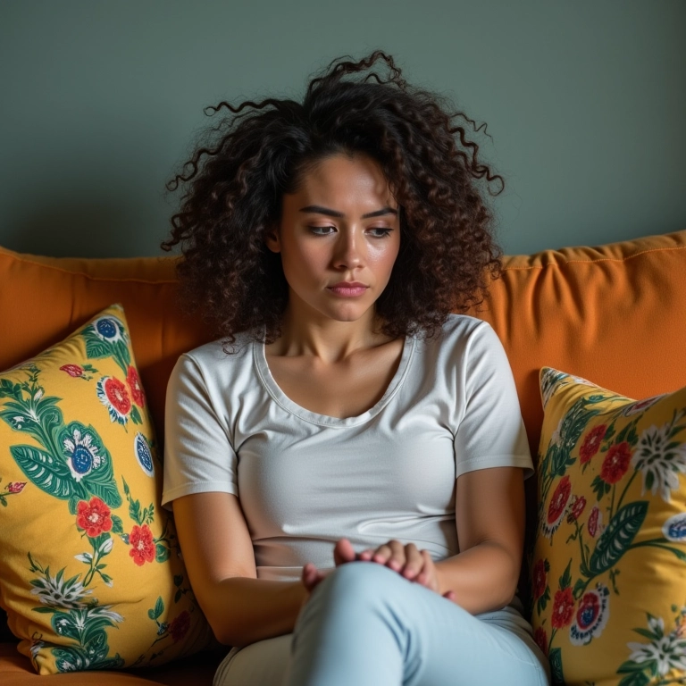 Mulher exausta sentada no sofá, representando exaustão e irritabilidade materna.