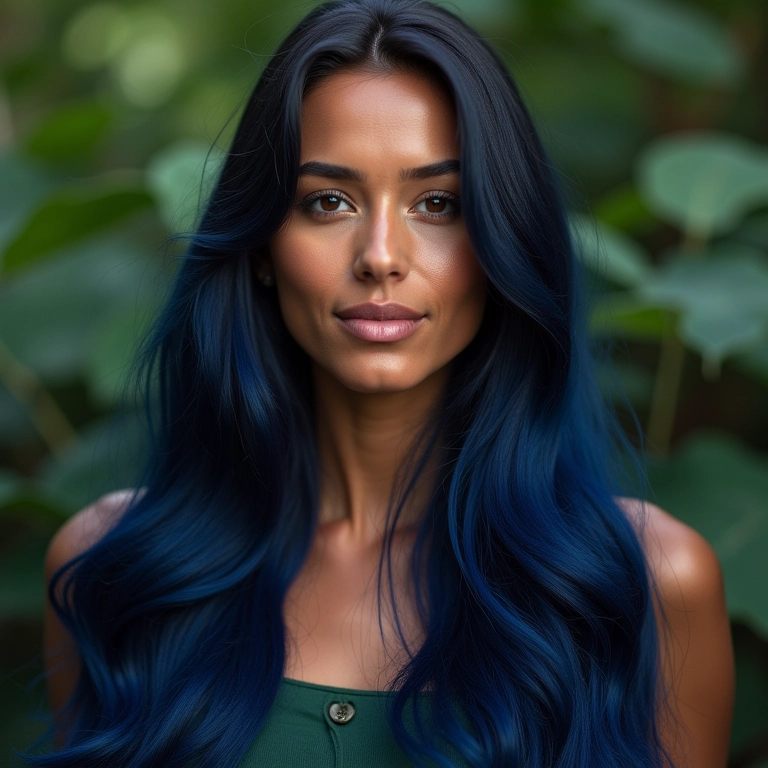Mulher exibindo cabelo preto azulado e tintura Maxton.
