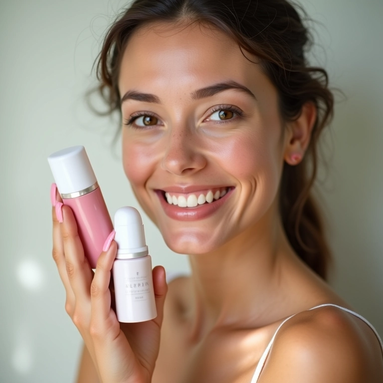 Mulher exibindo pele saudável com produtos de skincare baratos.