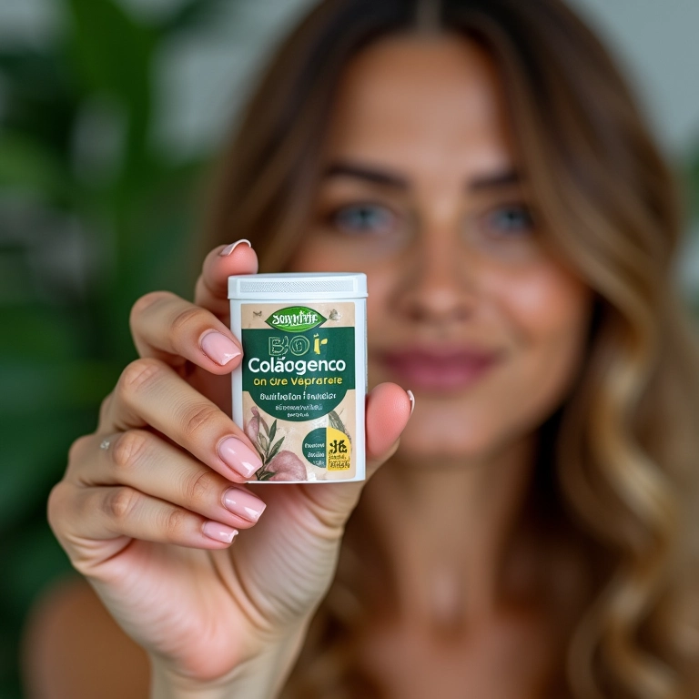 Mulher exibindo unhas fortes segurando Bio Colágeno da Sanavita.