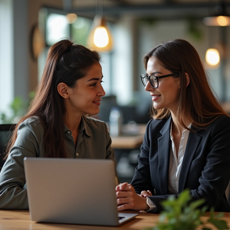 Mulher experiente mentorando colega mais jovem em espaço de co-working.