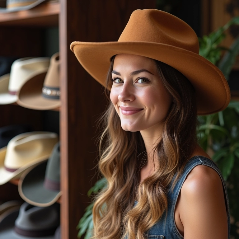 Mulher experimentando chapéus Fedora em boutique com luz natural.