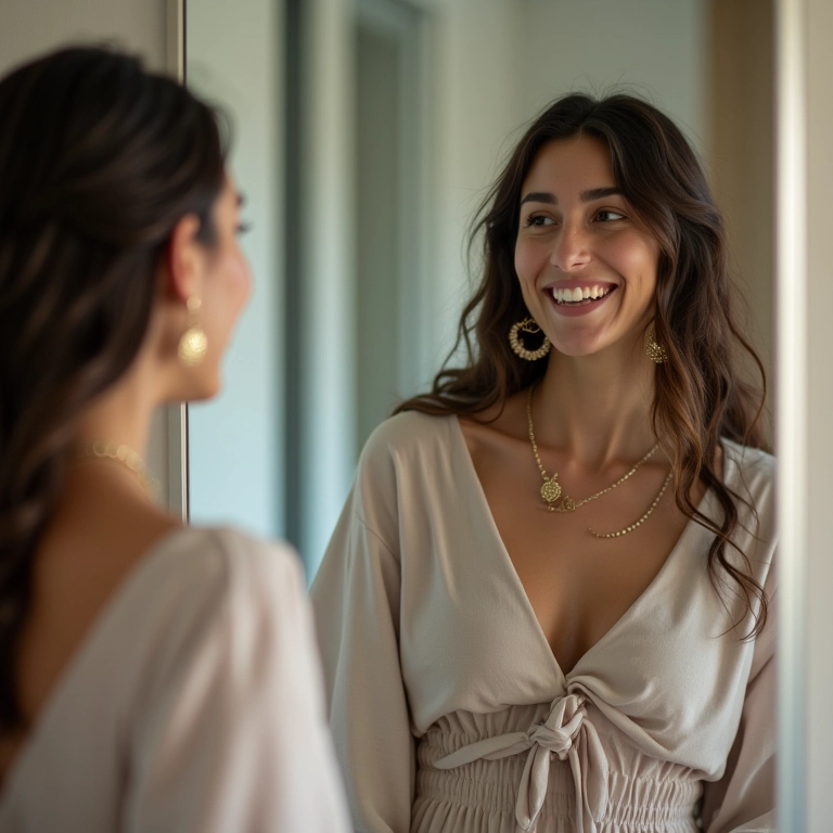 Mulher experimentando diferentes roupas e acessórios em frente ao espelho, sorrindo.