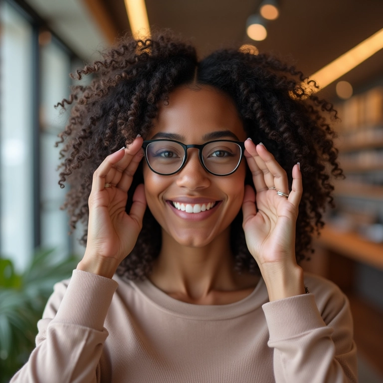 Mulher experimentando modelos de óculos de grau em loja de ótica.