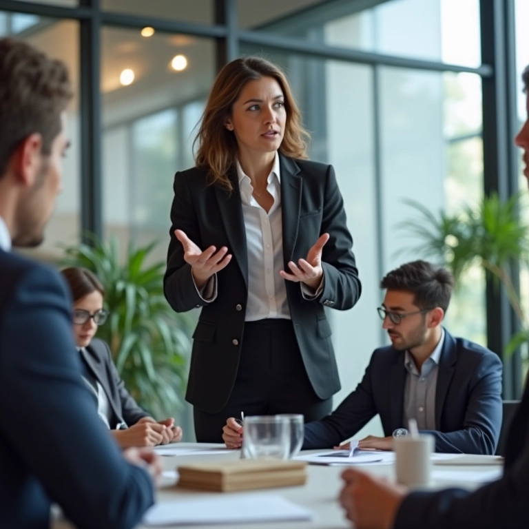 Mulher explicando regras em reunião de negócios, transmitindo confiança e clareza.